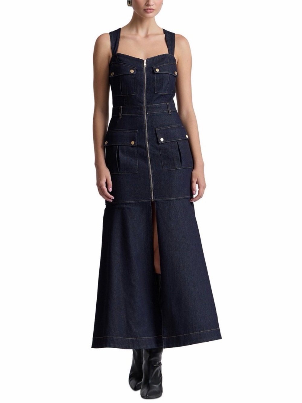 Avec Les Filles Dark Blue Denim Zip-Front Maxi Dress
